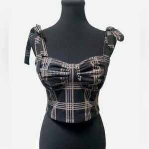 Rabbit Rose Plaid Sleeveless Tie Crop Tank Top Bustier Corset Fitted Bra